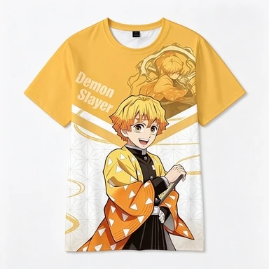 Ghost Slayer Agatsuma Zenitsu Breathable Mesh Yellow White Contrasting Thunder Breathing Casual Street Style T-shirt