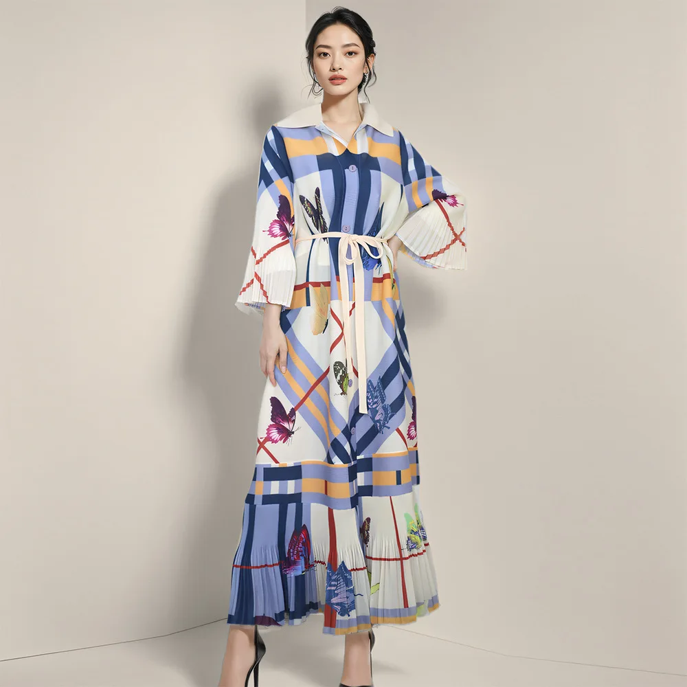 

High-end printing loose large-size pleated dress, women's meat cover, age reduction and thin skirt, fashionable and simple tempe