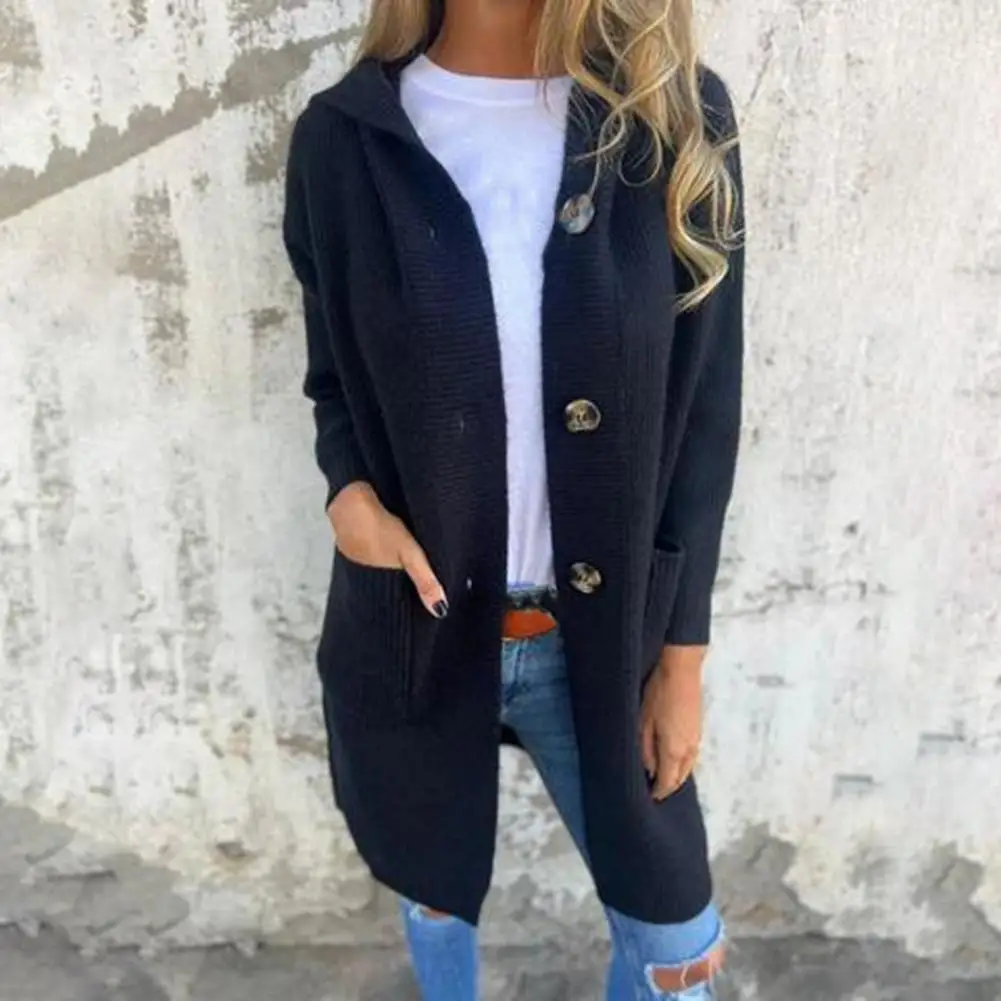 Oversized Cardigan Stylish Women's Knitted Cardigan with Hood Pockets Long Sleeve Single Breasted Sweater Coat in Solid for Fall