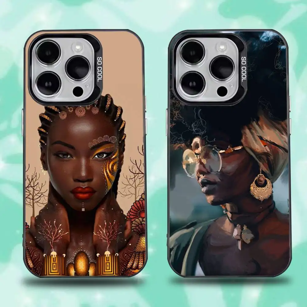 

Colorful Art African Girl Black Phone Case For iPhone 16,15,14,13,12,11,Mini,Pro,E,SE4,XS,MAX Black Candy Matte Cover
