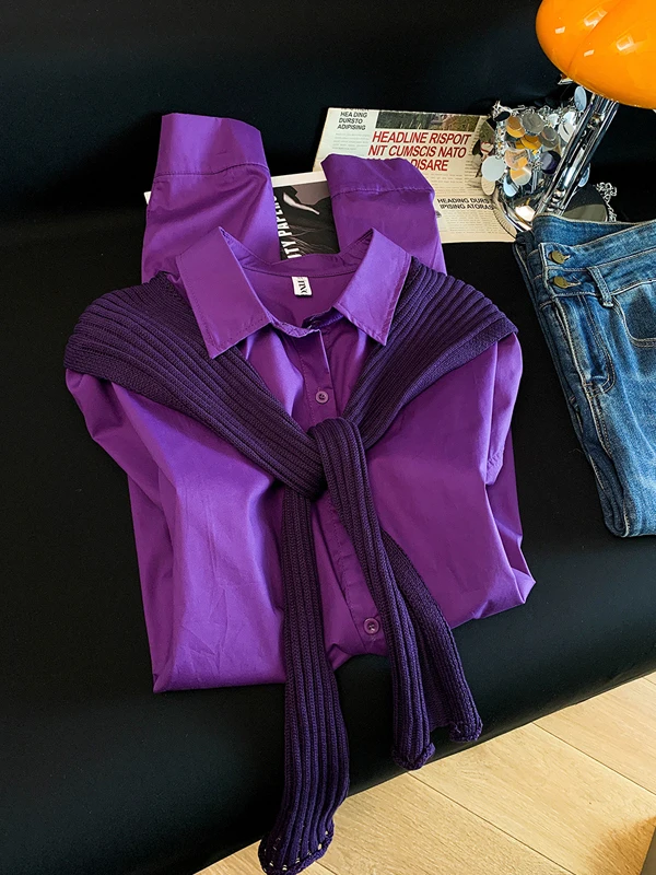

Outlet Spring 2026 Purple Knitted Shirt Beautiful Ultra High-End Feel Collar Long Sleeve Women's Casual Fashion Top