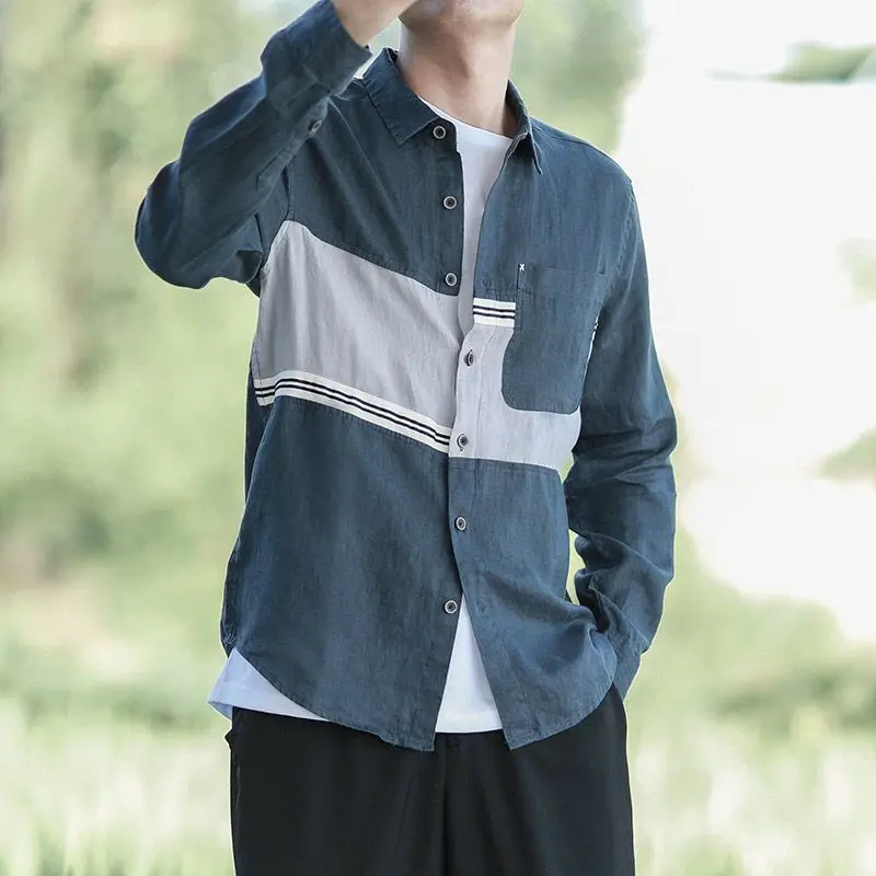 Loose Pocket Button Montage Trend Personality Stripe Color Block Ventilate Young Style Street Casual Men's Shirt Autumn 2024