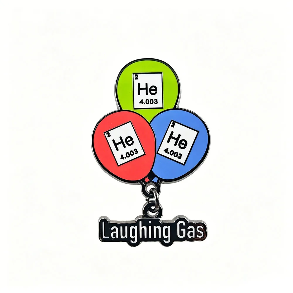 Lustige Lachgas-Emaille-Anstecknadel: Er Heliumballon – Hängende Brosche, Chemie-Witz-Abzeichen, Wissenschafts-Nerd-Reversnadel, Lehrer- und Schülergeschenk – Detail 1