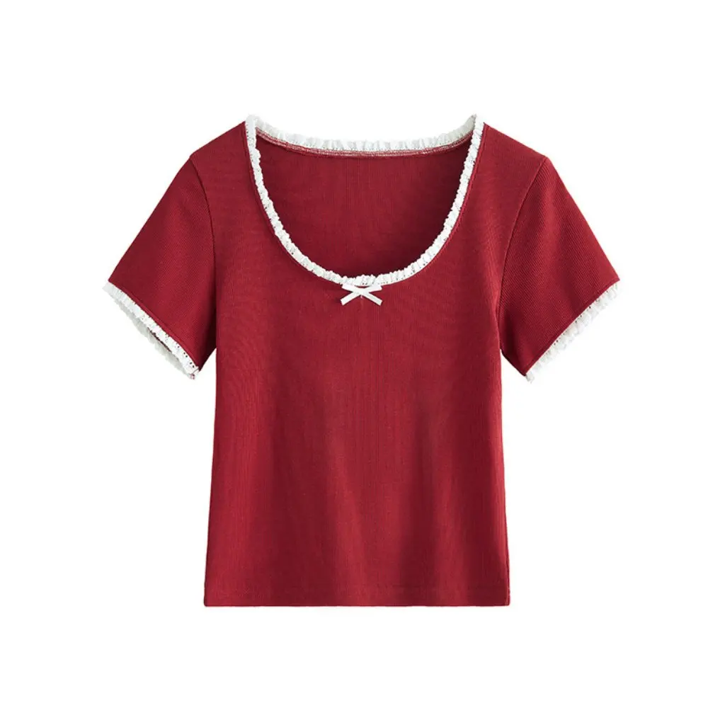 

Women's Lace T-shirt U-neck Bow Short Sleeve Contrast Top Quality Summer New Fashion Women's Clothing