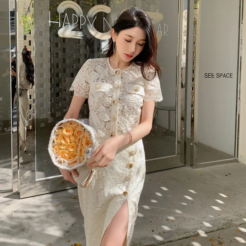 

JAMERARY Runway Two Piece Women's Lace Dress Set Single Breasted Beaded Button Tops Flower Embroidery Diamonds Slit Skirts Suits