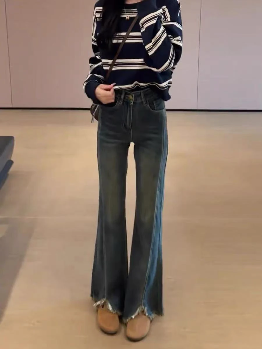 กางเกงยีนส์ทรงขากระบอกเล็กแบบผ่าข้างสไตล์เกาหลีสำหรับผู้หญิง ฤดูใบไม้ผลิ ฤดูใบไม้ร่วง เอวยางยืดสูง ทรงตรง สไตล์เรโทร ทรงเข้ารูป