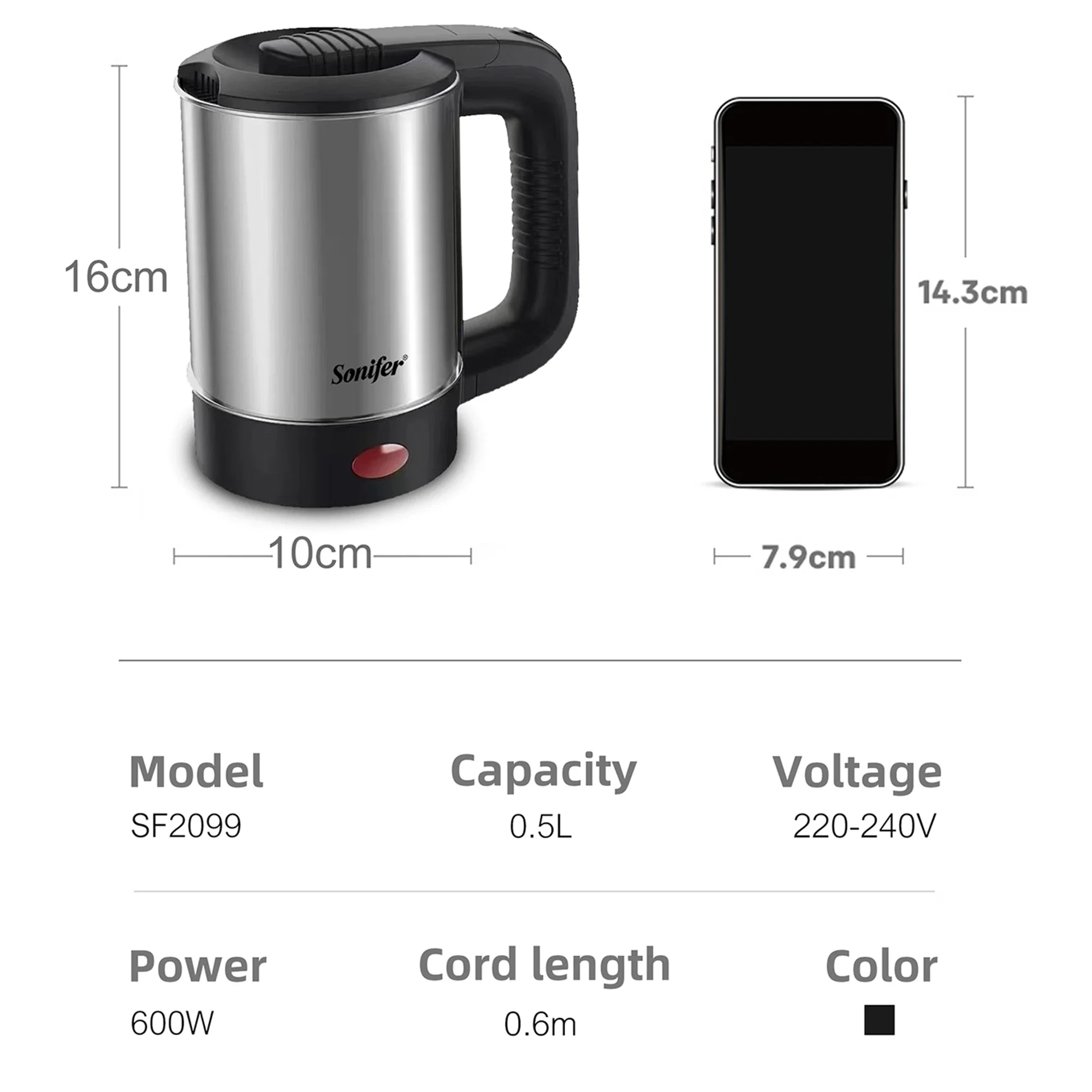 Aço inoxidável Mini Chaleira, Caldeira de água portátil Viagem, Chá e Café Pot, Hotel e Viagem em Família, 0.5L, 600W