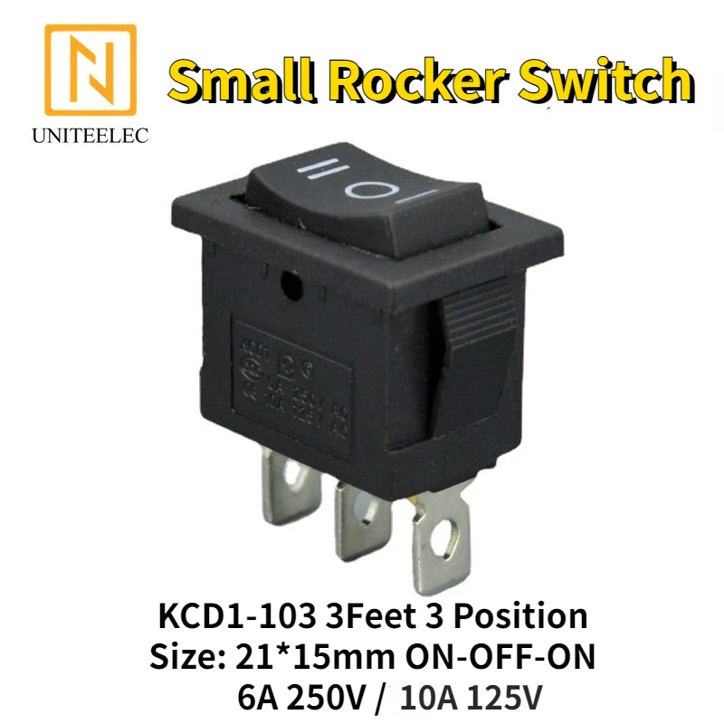 

Uniteelec 5Pcs/10Pcs/lot KCD1-103 3Feet 3 Position 21*15mm ON-OFF-ON 6A 250V /10A 125V Small Rocker Switch Machine Switch