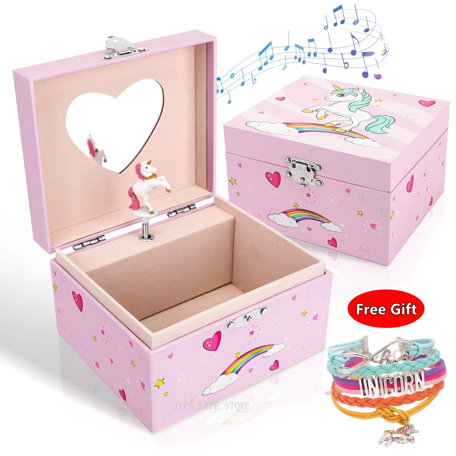 

Kids Gifts Cute Unicorn Music Box Girls Musical Jewelry Storage Box with Spinning Unicorn Bedroom Decoration Free Bracelet Gift