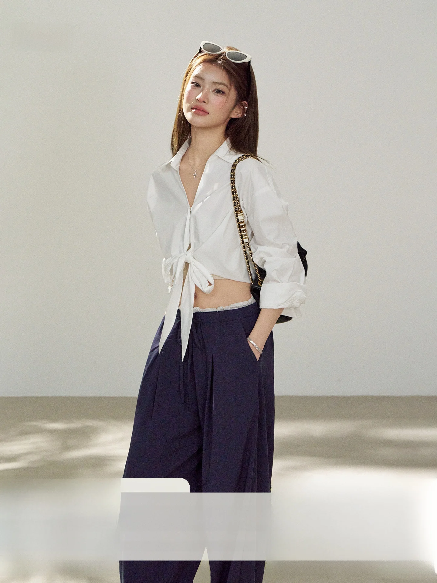 

Iceeyy White Sun Protection Knot ort irt Summer Spicy Girl Loose Design Sense Top Women's Cotton Long Sve