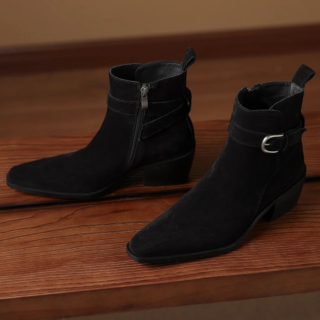 المرأة جلد الغزال الطبيعي ساحة تو مشبك معدني الجانب البريدي الخريف حذاء من الجلد 5.5 سنتيمتر سميكة ميد كعب الجوارب القصيرة عادية #2