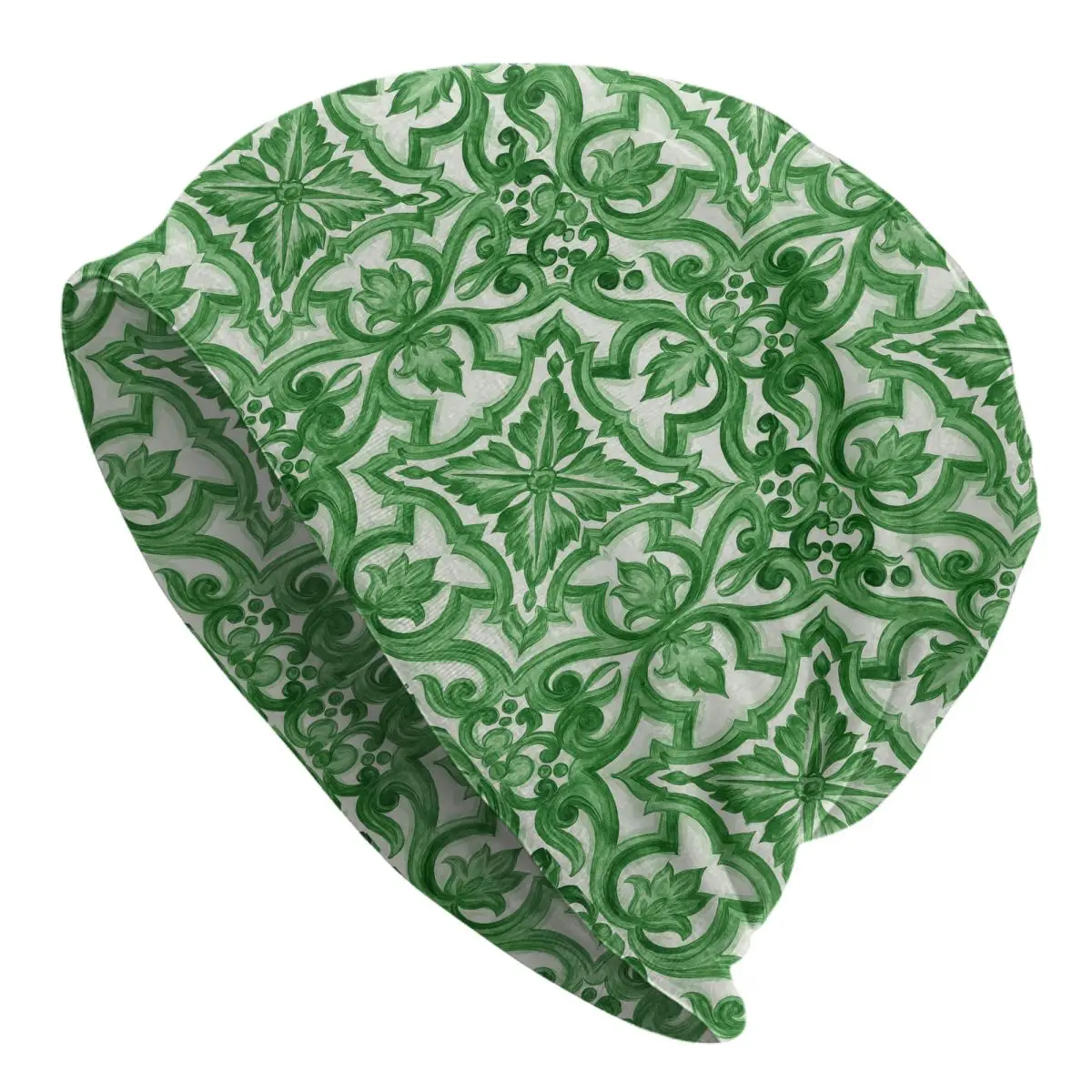 Green Ornate Floral Mediterranean Sicilian Tile Adult Beanies Caps Knitted Bonnet Hat Warm Fashion Autumn Winter Skullies Hats
