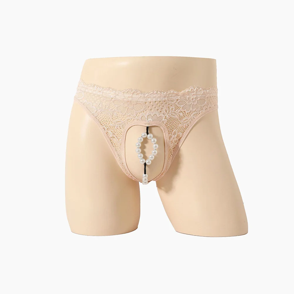 Anillo para pene con perlas, calzoncillos eróticos, ropa interior Sexy para hombre, bolsa para Sissy Gay abierta en la parte delantera, lencería de encaje, bragas huecas de verano para hombre