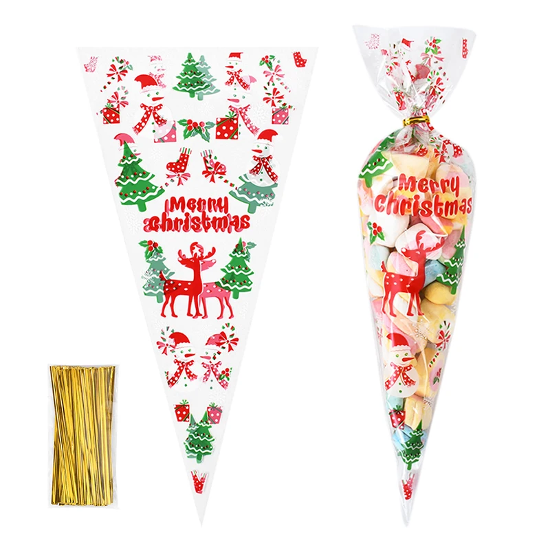 100 قطعة عيد الميلاد حزمة شفافة السيلوفان المخروط أكياس الحلوى الفشار الحلو حقيبة عيد ميلاد سعيد ديكور الحفلات 2025 السنة الجديدة نافيداد