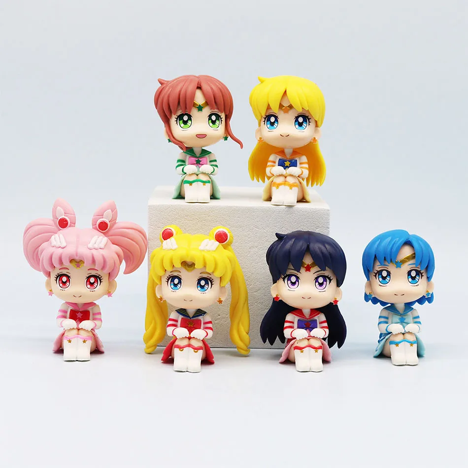 

6 Pcs/Pack Q Ver. Sitting Sailor Moon Figure 7-8cm Anime Beautiful Girl Model Chibiusa Hino Rei Kino Makoto Car Ornaments