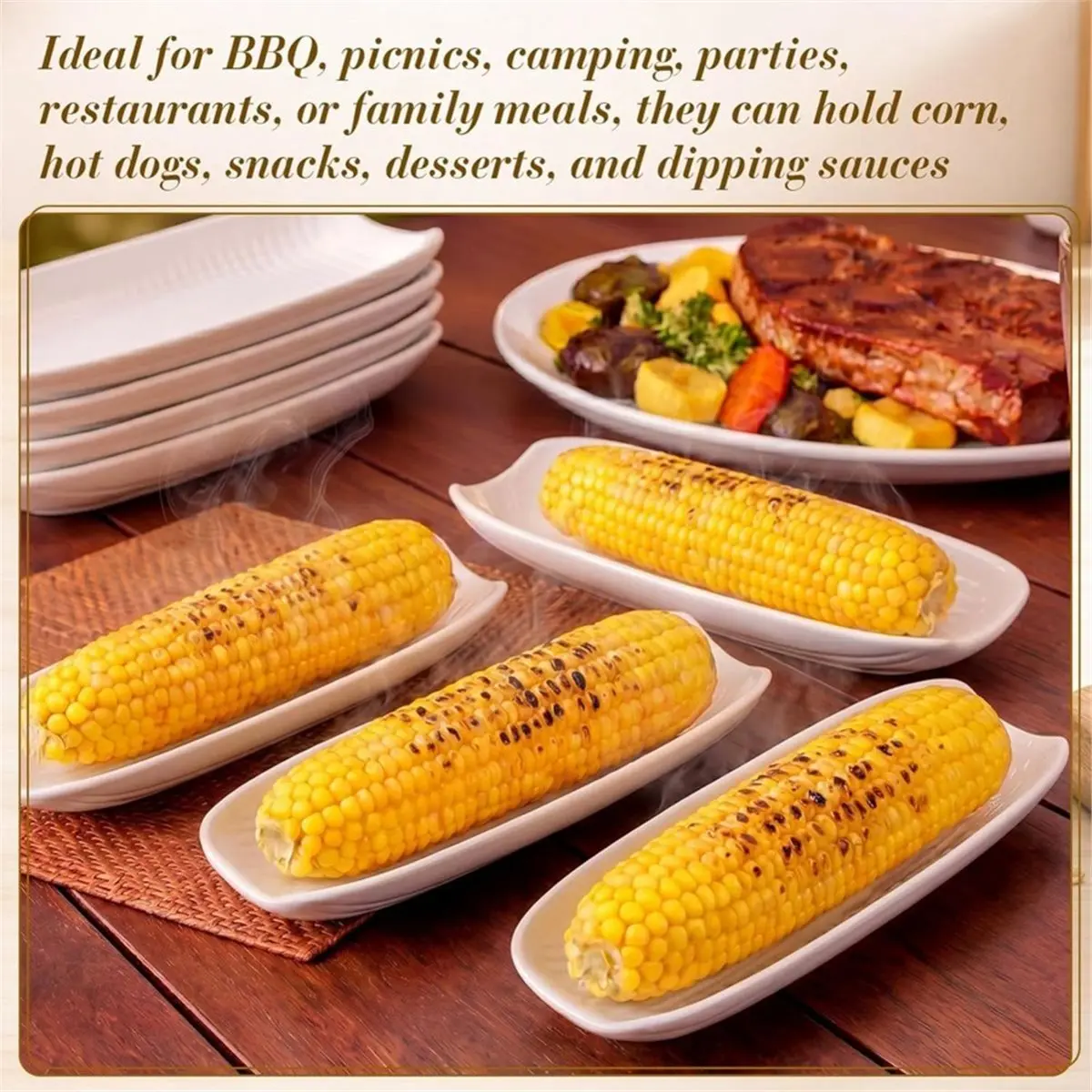 Corn Dishes Set of 4, Stoneware Corn on the Cob Holders, 8.8 Inches Long, Dishwasher and Microwave Safe, Charming