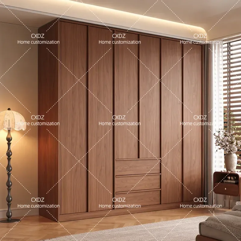 Oak Solid Wood Walnut Color Bone Line Wardrobe Antique Storage Cabinet Home Bedroom Assembly Finished Wardrobe