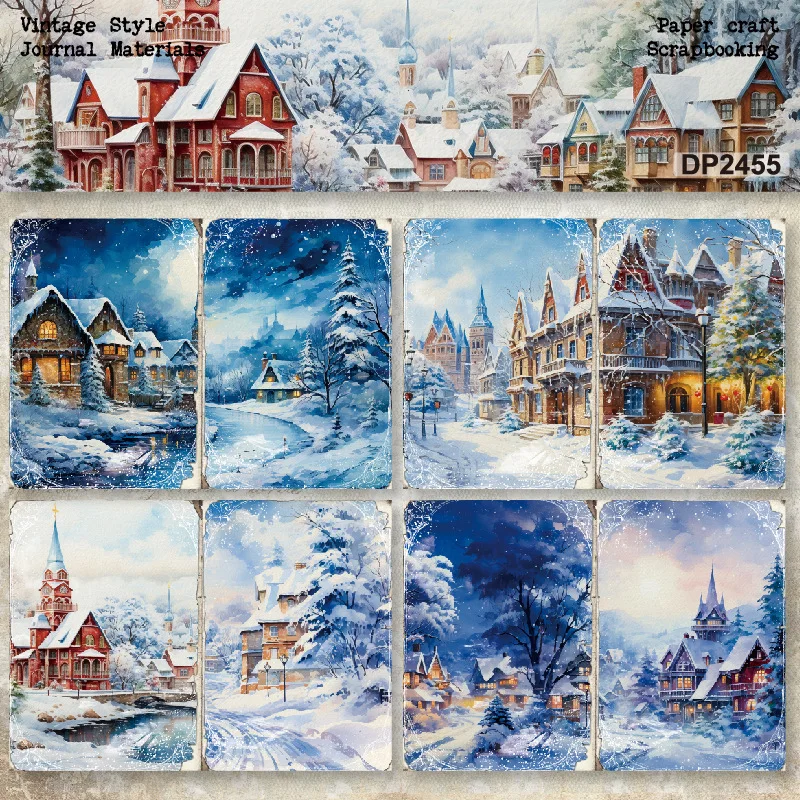 KLJUYP 8sheets A5 Size Winter House Scrapbooking patterned paper Fancy Card Pack Light weight Craft Paper Card