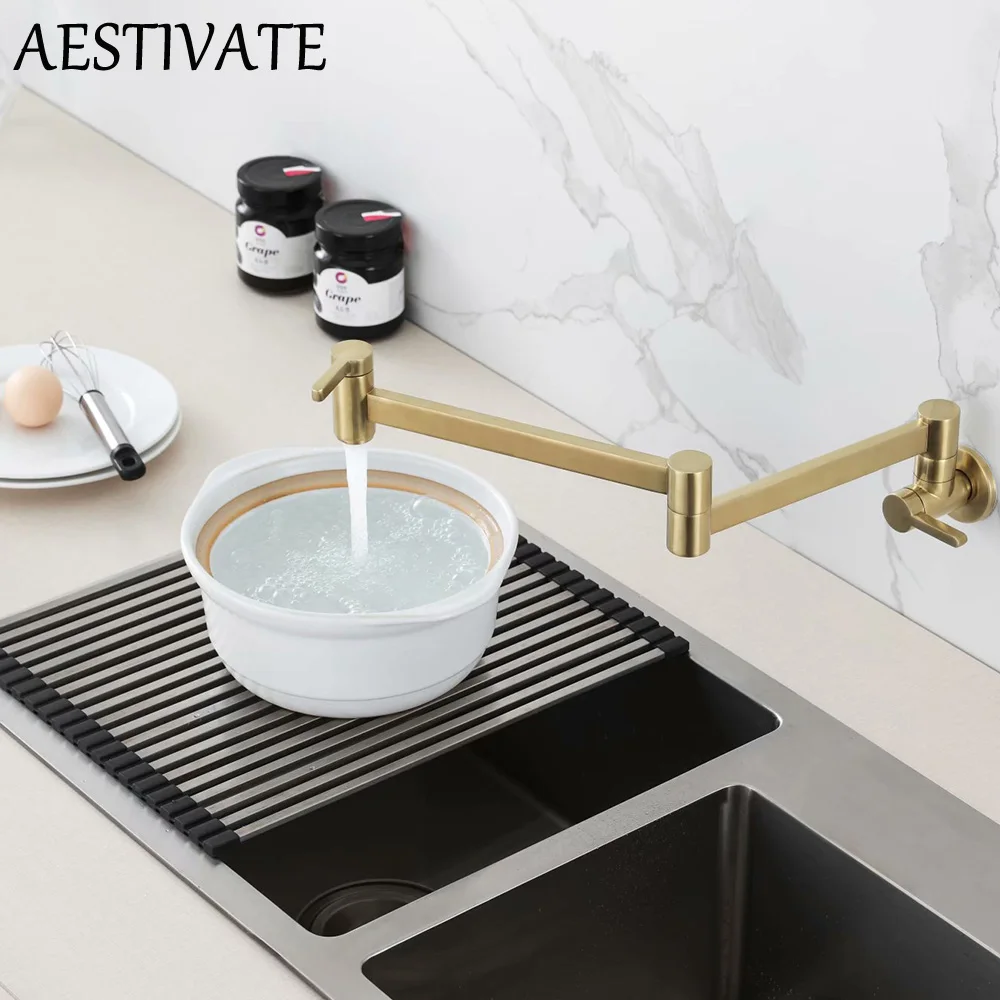 360 Degree Rotation  Foldable Kitchen Sink Single Cold Single Hole Sink Tap Folding Spout Brushed Gold Brass.