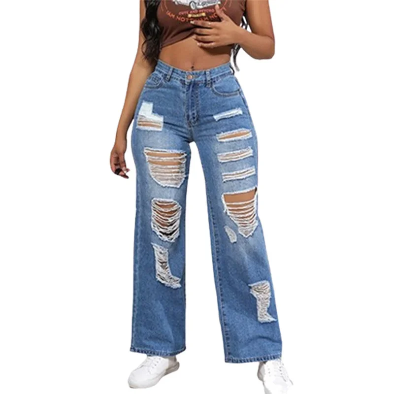 Vintage gebrochene Löcher aushöhlen gerade Jeans Frauen hohe Taille Jeans hose lässige Streetwear weibliche Pendler weites Bein Hosen