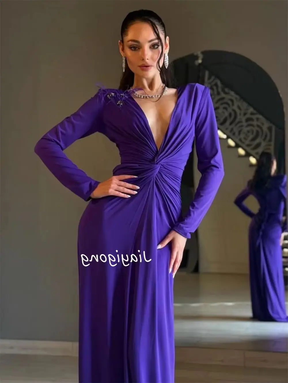 Sparkle Pleat Sequined Straight V-neck Long Prom Dress Luxury Matching High Quality  Evening Dresses for Party Gowns Customized