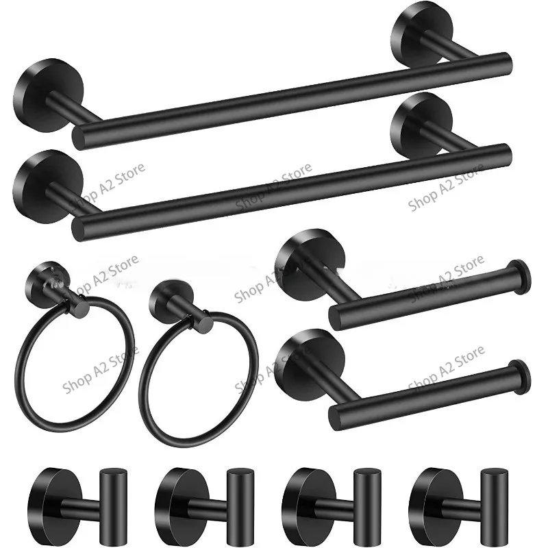 14-Piece bathroom hardware set Matte black stainless steel bathroom accessories Towel rack set Round wall hanging