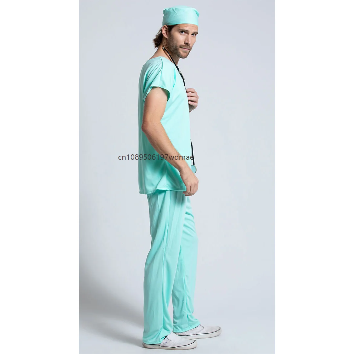 Adult Men Surgeon Doctor Scrub Costume Mint Green Short Sleeve Top Pants with Cap Masquerade Fancy Dress Medical Cosplay Outfit view 4
