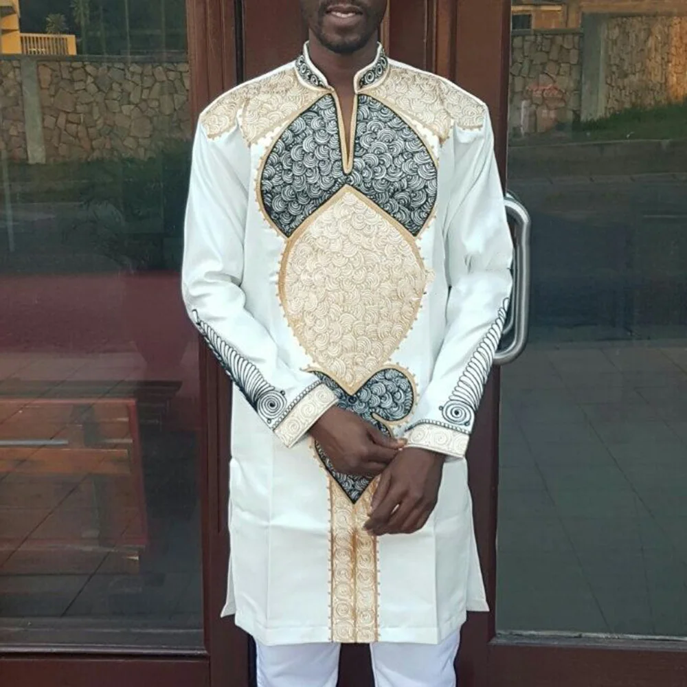 

Africa Men Riche Bazin Long Sleeve Top Muslim Fashion Print Casual Blouse Plus Size White T-Shirt Dashiki African Vintage Shirts