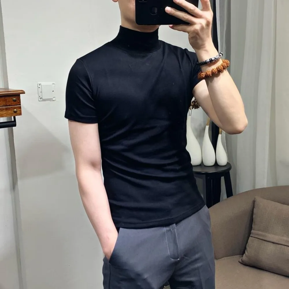 Korean Clothing Streetwear New Fashion Solid Color Men\'s Solid Undertale Turtleneck Short Sleeve T-Shirt Casual Tops Tee for Men