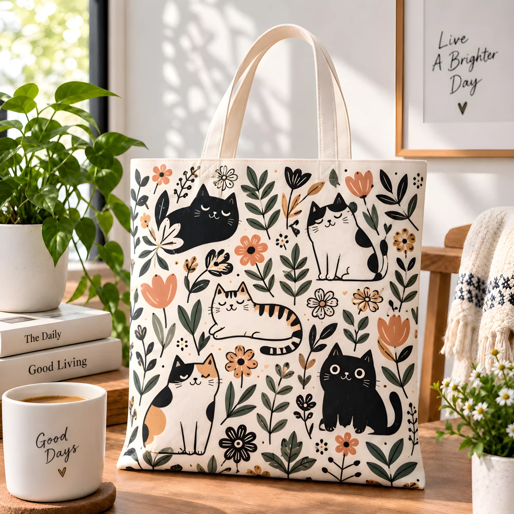 Women Casual Canvas Tote Bag Vintage Floral Kitten Print Reusable Shopping Handbag Large Capacity Shoulder Bag For Teen Girls Gi