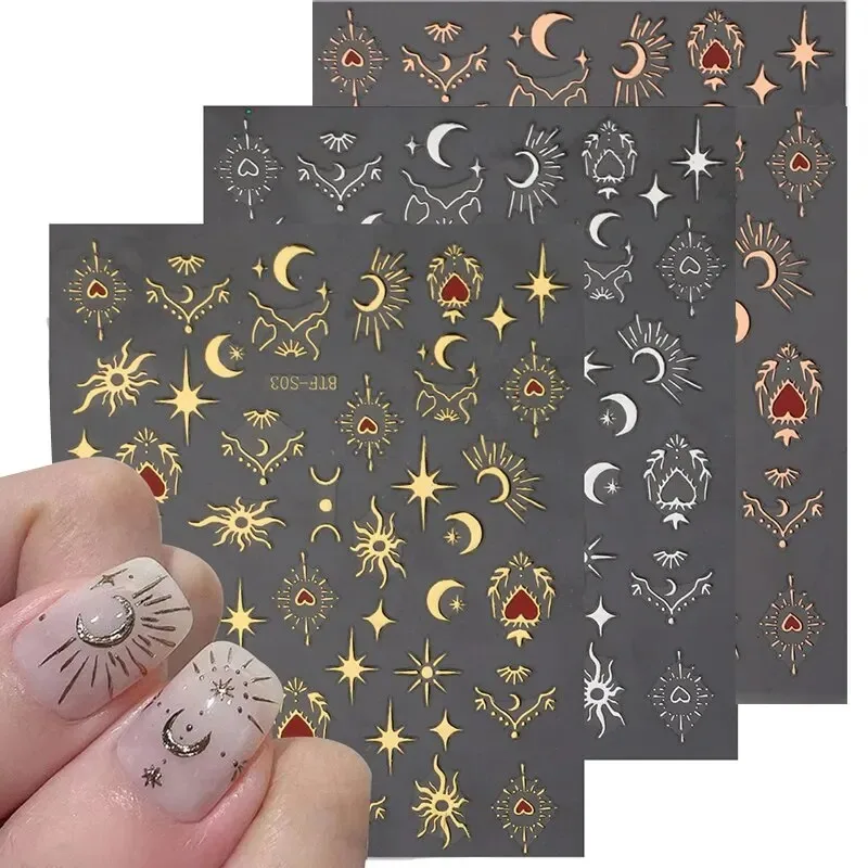 3 Sheets 3D Stickers for Nails Gold Sliver Rose Gold Laser Butterfly Moon Sun Adhesive Sliders DIY Nail Art Decals Accessories ﻿