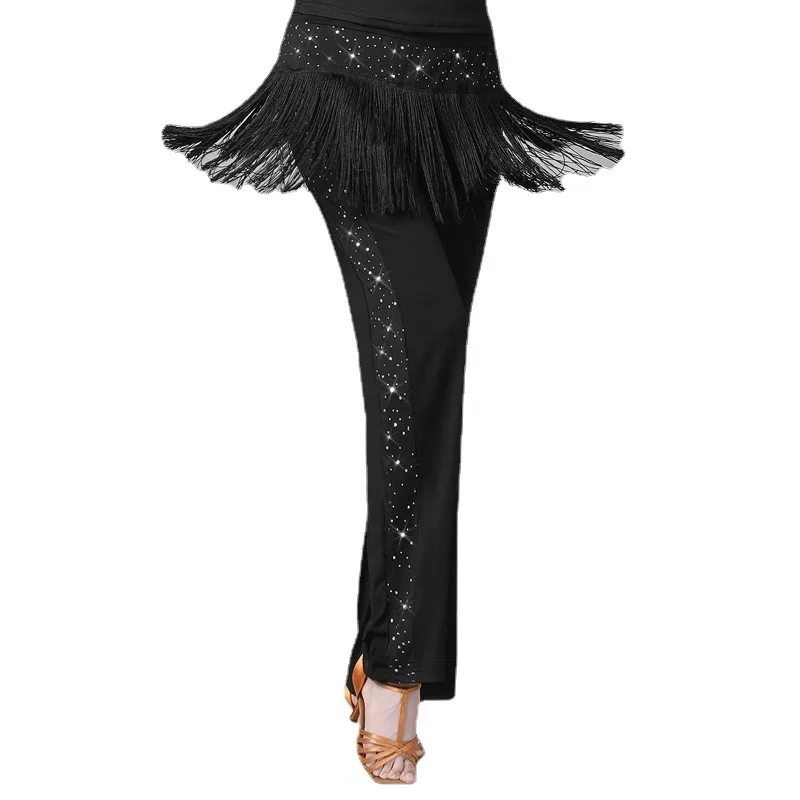 

New Womens Sequin Tassel Latin Dance Costume Long Pants Dancing Practice Stage Performance Trousers Standard Ballroom Dancewear