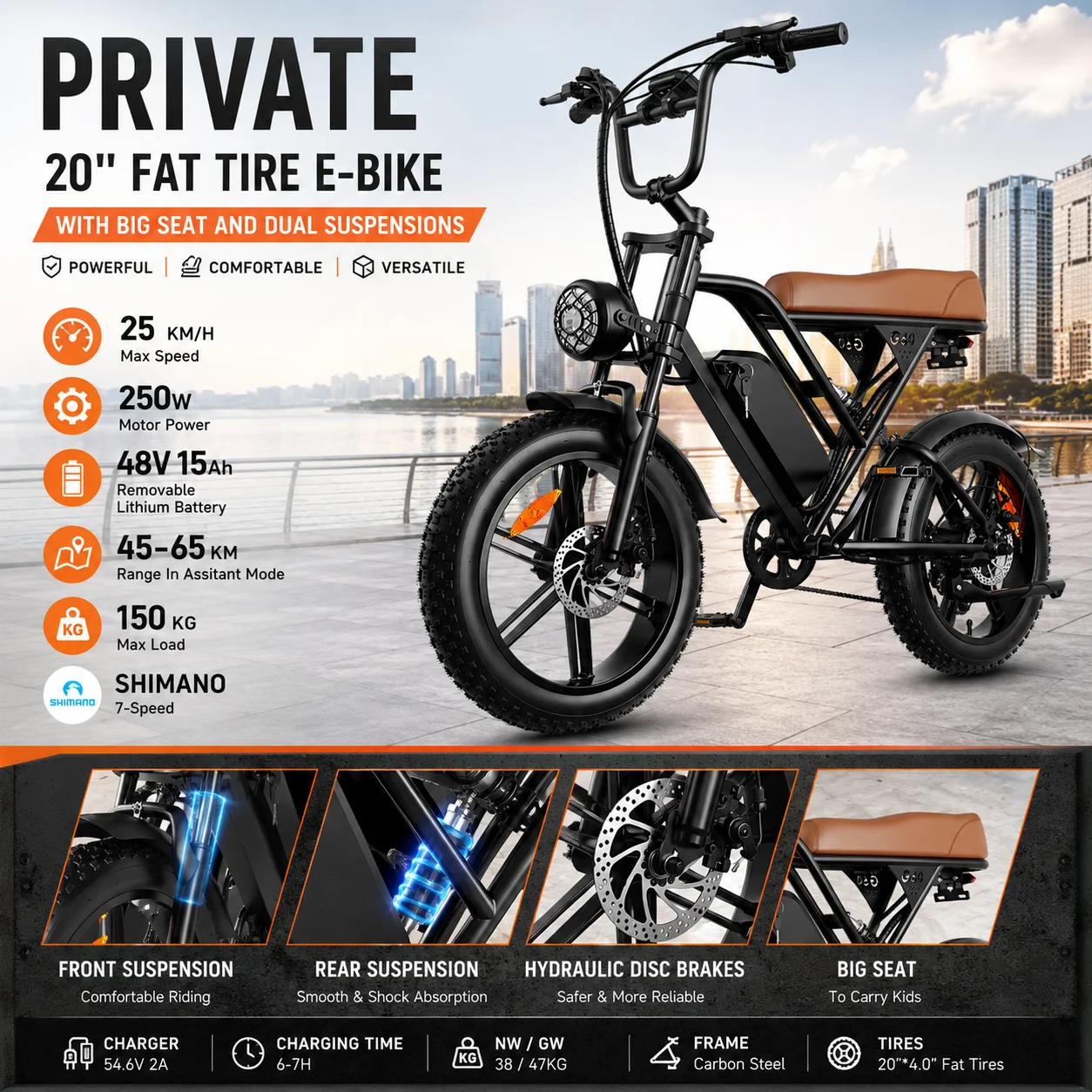 

G60 off-road E-Bike Electric Bike for Adults 1000W Motor 48V 15Ah Removable Battery 20” Fat Tire Dual Suspension 31MPH E-Bike