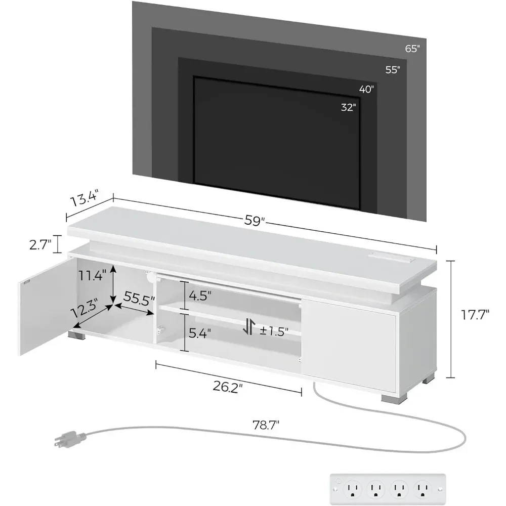 TV Stand With LED Lights & Power Outlet Furniture Universal Gaming Media Stand Storage Cabinet and Large Storage Table White