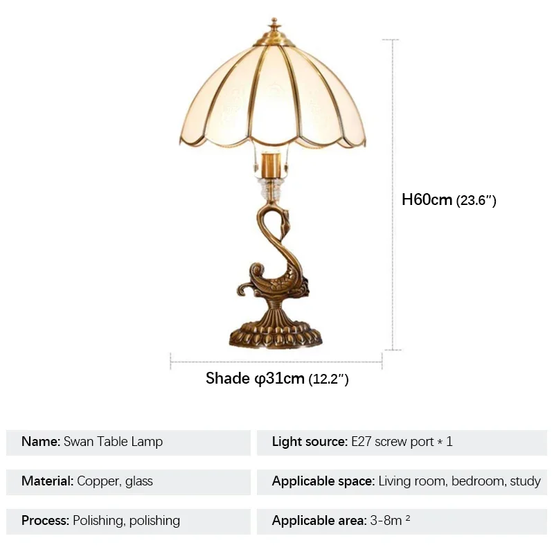 ELARA Modern Swan Copper Table Lamps LED Creative Retro Brass Glass Desk Light for Home Living Room Bedroom Study Decor
