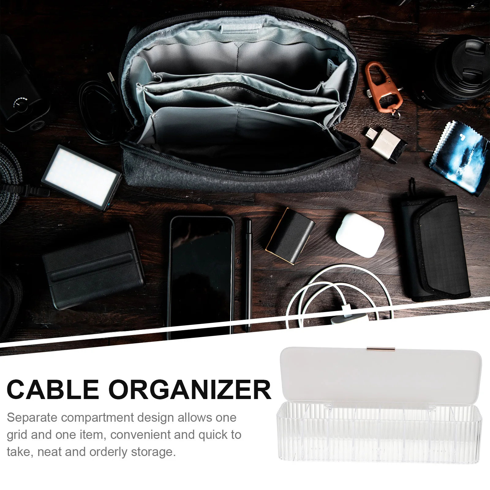 Boîte de rangement de câbles de données avec couvercle, compartiment séparé, boîte de rangement de câbles transparente pour bureau, Organization de la maison