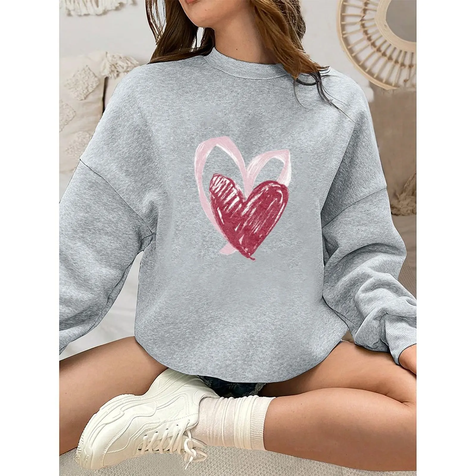 بلوزات نسائية برقبة دائرية ونمط مطبوع بلوفرات رياضية كاجوال فضفاضة مريحة مخملية بأكمام طويلة سترة شتوية للنساء #5