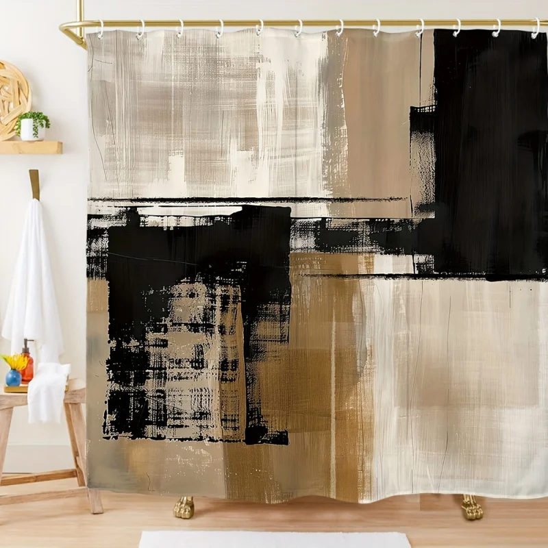 Modern Abstract Art Shower Curtain - Waterproof Polyester, Black & Tan with Brushstroke Design, Includes Hooks, 180.34x180.34 cm