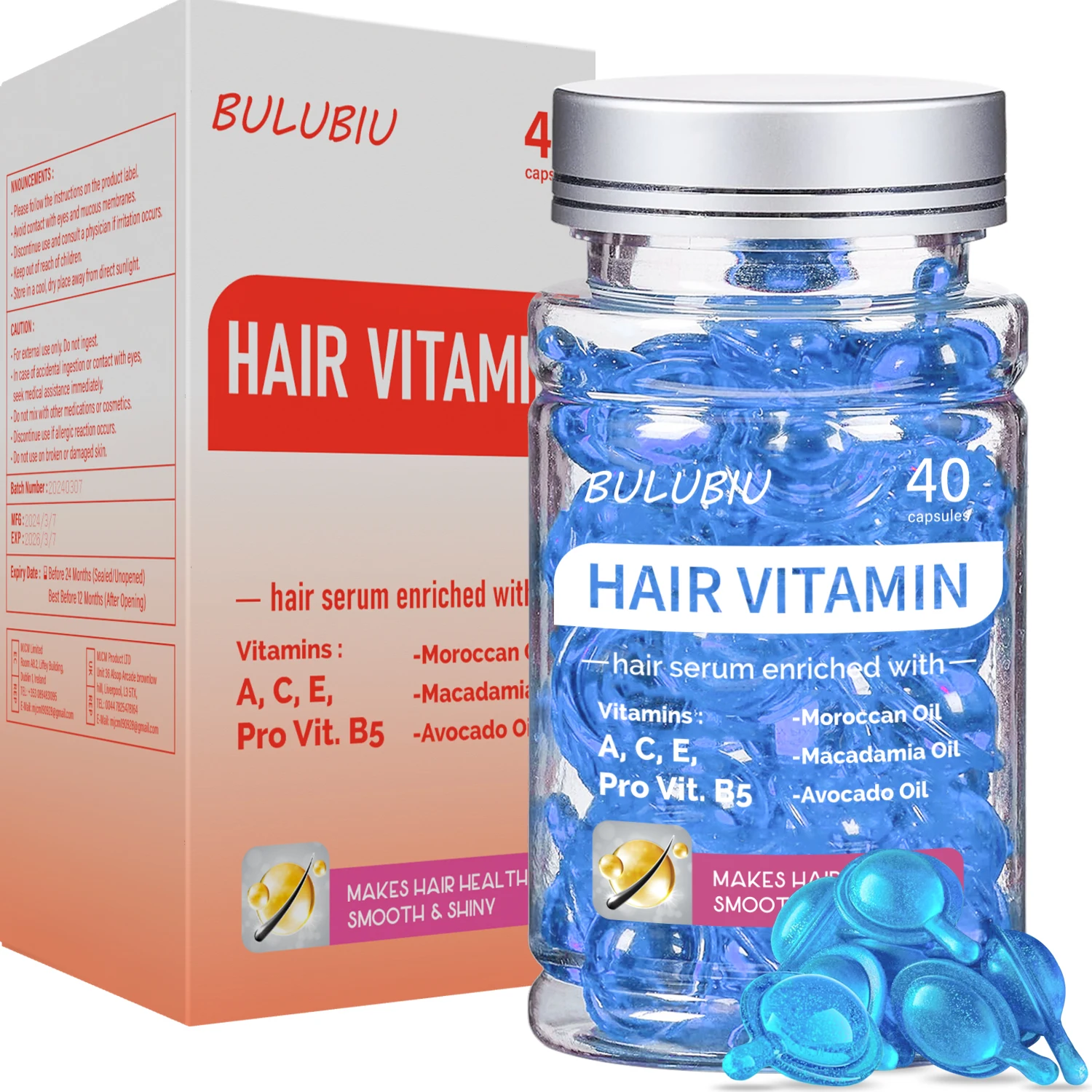 헤어 하이드레이션 트리트먼트 캡슐 모이스처라이징 포뮬러 헤어 오일, 헤어 비타민, 린스 필요 없음, 블루, 40 캡슐 