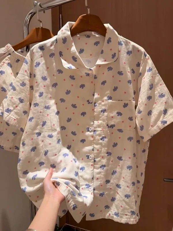 Blue Elephant Short Sleeve Sleepwear Set Women's Summer New Sweet Girl Cute Thin Home Clothes Casual Style Two-Piece Suit