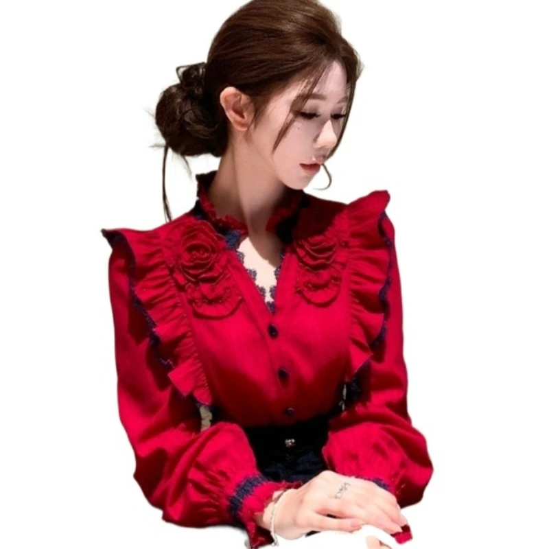 

Зимний топ 2026 года: Элитный, легкий люкс, омолаживающий эффект, в иностранном стиле, для Рождества и Нового года, красный, с рюшами, элегантный, для офиса