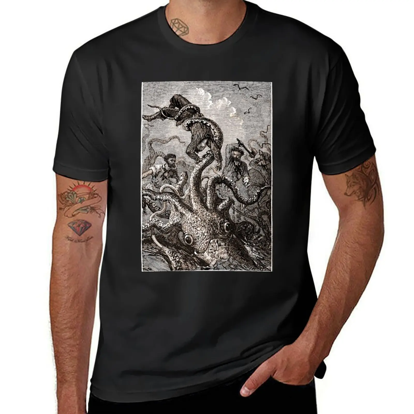 Vintage giant squid attack illustration 1870 T-Shirt quick-drying tees kawaii clothes mens funny t shirts