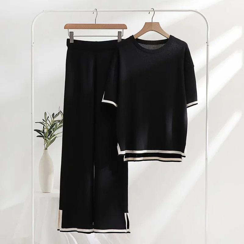 Simple Loose Streetwear Knitted Pants Sets Autumn Winter O-neck Long Sleeve Pullover Sweater+korean Trousers Slit Two Peice Sets