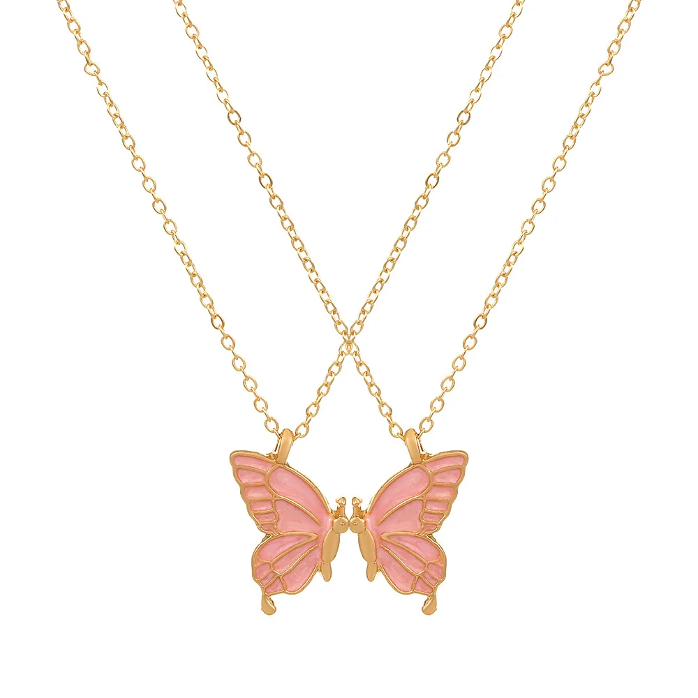 Collier double papillon goutte d'huile, ensemble d'amitié papillon créatif, chaîne de clavicule, cadeau pour petite amie