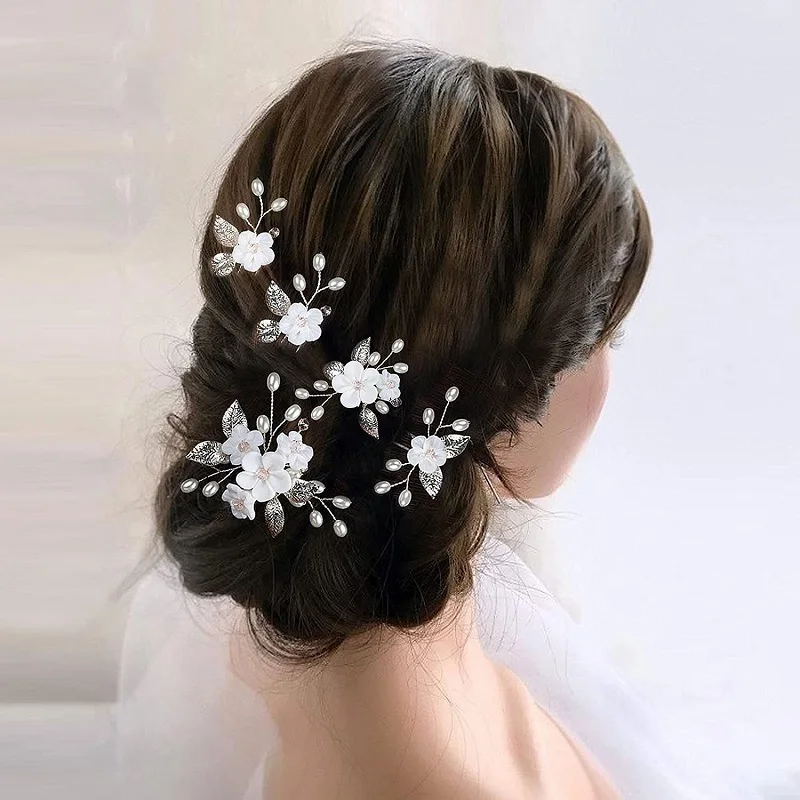 White Flower Hairpins Side Clips for Bride Wedding Elegant U Shaped Hair Sticks Forks Ceramics Floral Headpieces Hair Jewelry