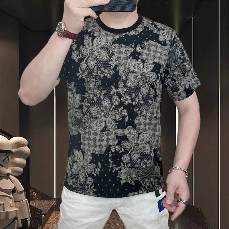 Luxury Retro Printed T-shirt for Men Mesh Breathable Short Sleeved T-shirt Male Outdoor Casual Round Neck Tee Top Men's Clothing