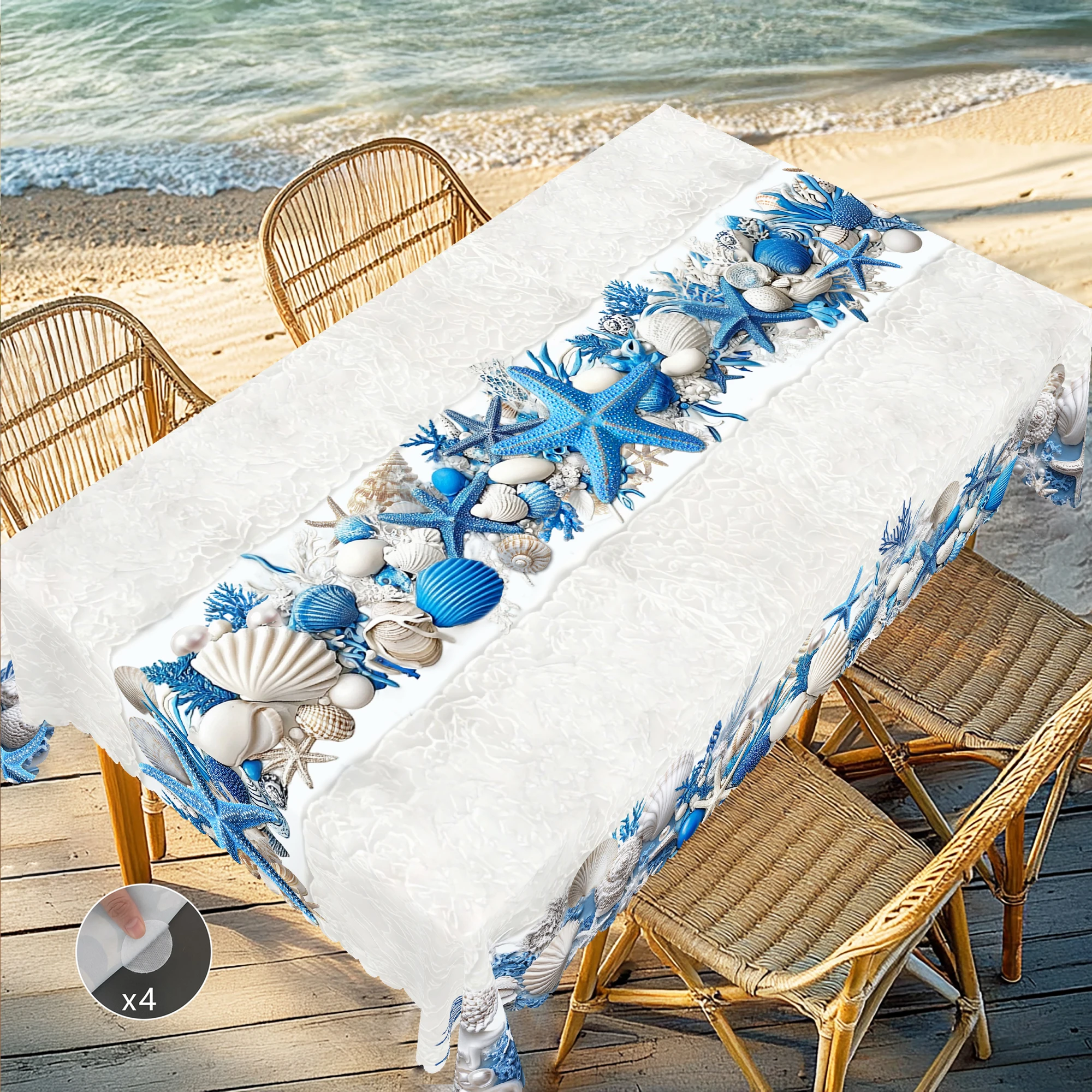 1 Piece Summer Ocean Theme Tablecloth, Shell, Pearl, Starfish Pattern Design, Country Farmhouse Style, Suitable for Camping Style Picnic, Holiday Party, Garden Birthday Party Decoration, Kitchen Accessories, Restaurant Terrace, Indoor and Outdoor Tablecloth, Perfect Gift for Friends, Multiple Sizes Available