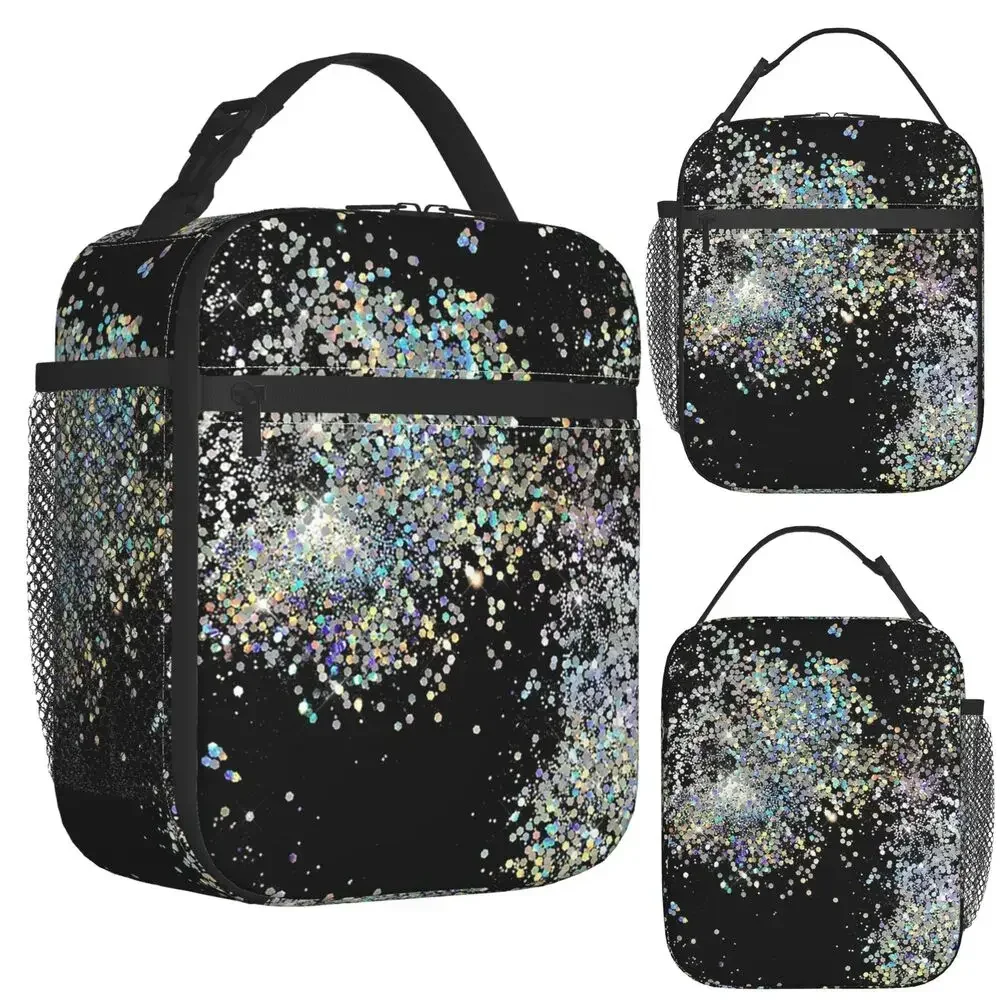 Black And Multicolor Sequins Faux Insulated Lunch Bag for Women Children Leakproof Food Boxes Thermal Lunch Box Tote