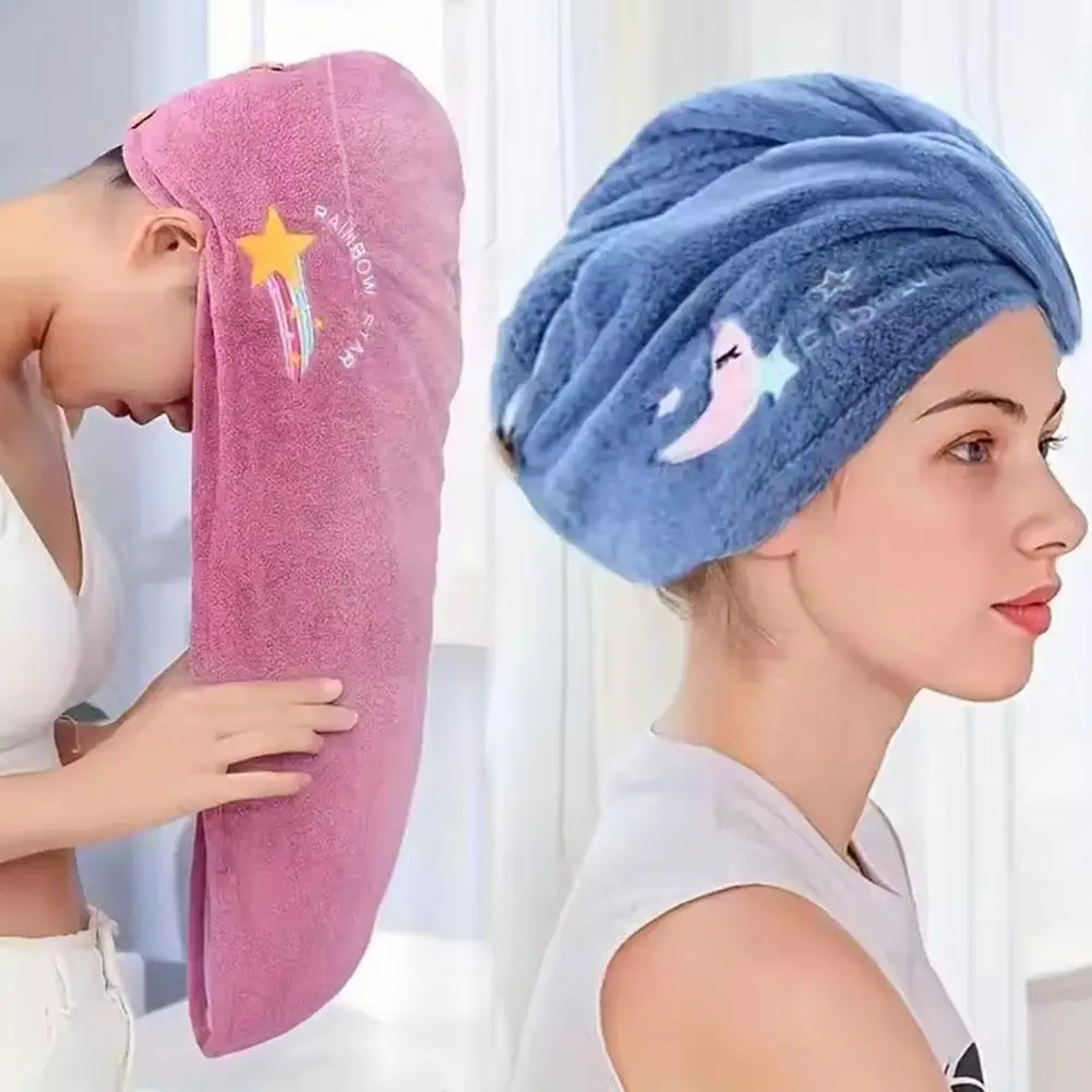 Toalla de pelo seco de terciopelo Coral para mujer, gorro de ducha engrosado absorbente, bordado de animales lindos, Toalla de baño de secado rápido