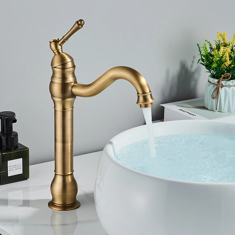 Antyczna mosiężna bateria umywalkowa, mosiężna bateria nablatowa, białe baterie mieszające, krótkie/wysokie baterie mieszające ciepła i zimna woda.